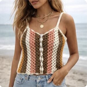 Lightweight crochet knit tank Boho Festival Btn Front earthy stripe S